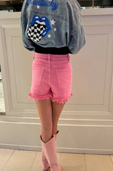 Pink Mid Rise Denim Shorts